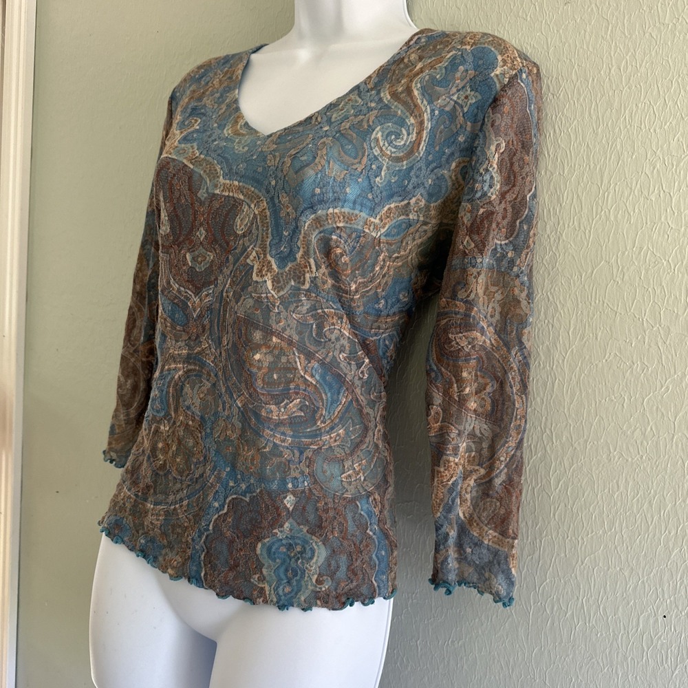 Therapy Y2K Fairy Top Blue Mesh Paisley Lace 3/4 Sleeve Lettuce Hem Vntg Sz L - Picture 2 of 6